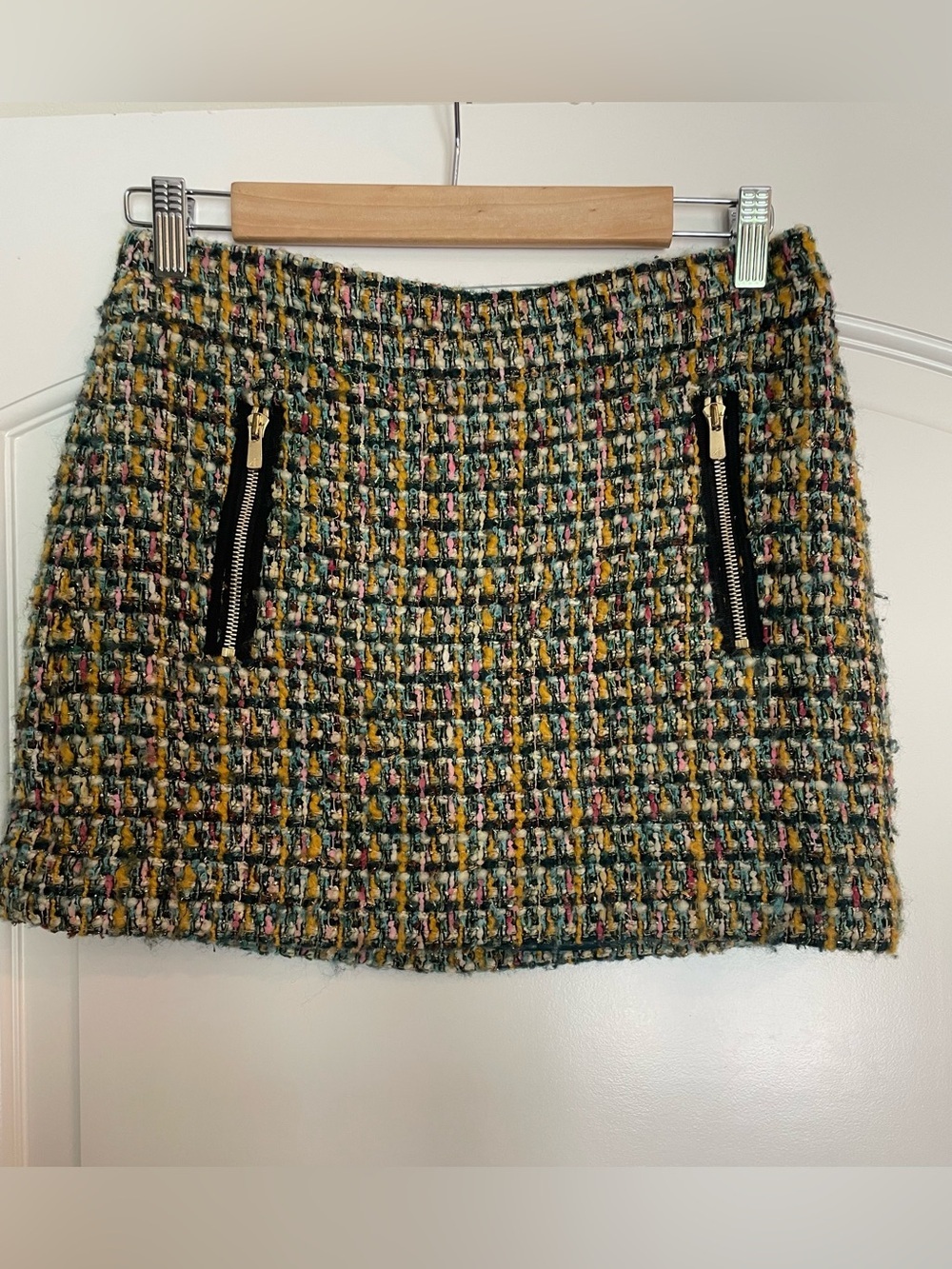 J. Crew Multicolor Tweed Mini Skirt with Gold Zipper Details Size 4